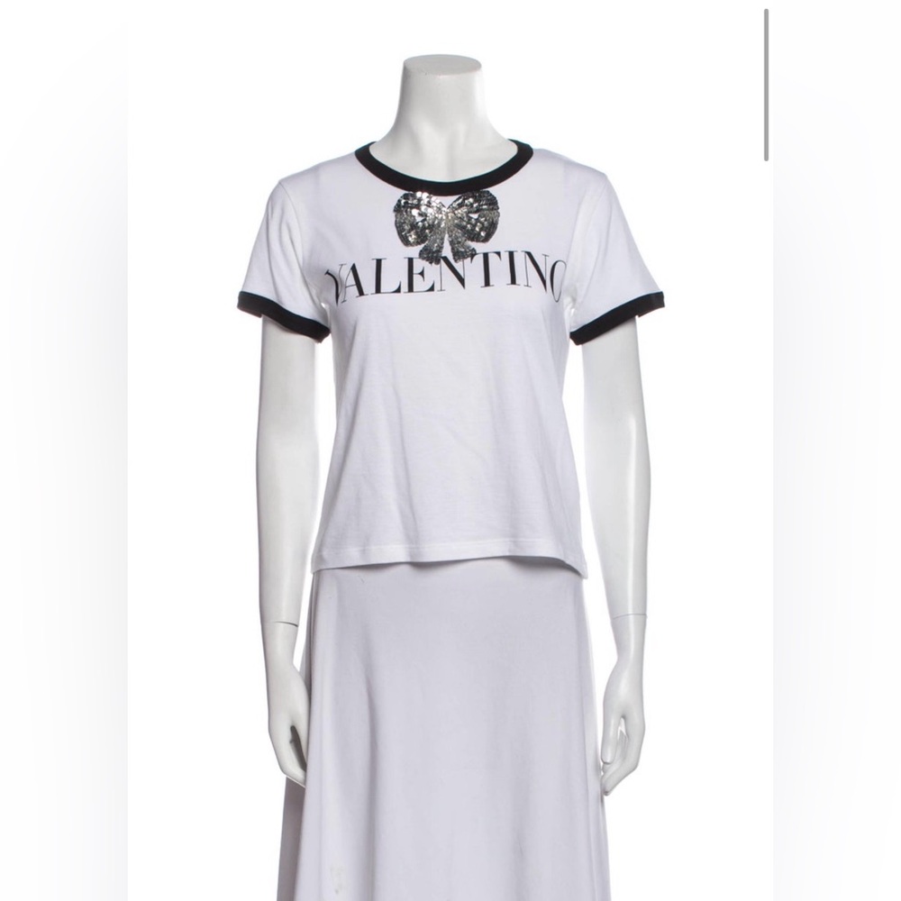 Valentino White Tee with Black Trim and Sequin Bow